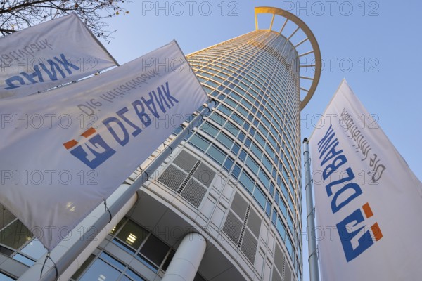 The light of the afternoon sun falls on the side of the DZ Bank headquarters in Frankfurt am Main.