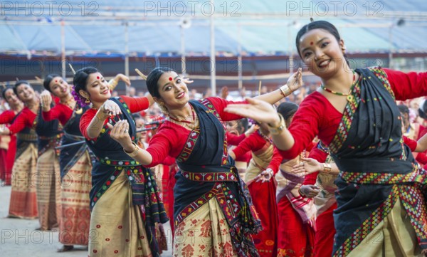 Participants with instructors dance on the final day of a Bihu dance workshop ahead of Rongali Bihu