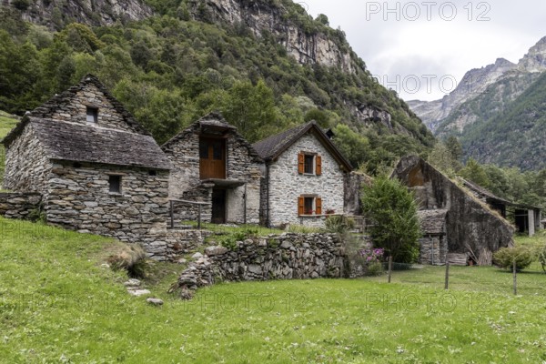 Typical Ticino stone houses in the village of Sonogno, Verzasca Valley, Valle Verzasca, Canton
