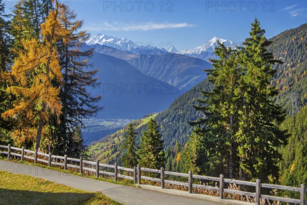 Autumn landscape above the Rhone valley with panorama of Dom 4545m, Matterhorn 4478m and Weisshorn