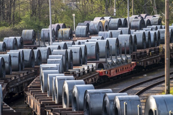 Strip steel coils, on freight wagons, at the ThyssenKrupp Schwelgern plant in Duisburg-Marxloh is