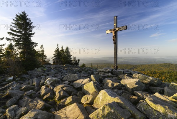 Summit cross on the Lusen (1373m), morning light, Bavarian Forest National Park, Bavaria, Germany,