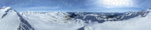 Cevedale summit, Alpine panorama, Aerial view, Snow-covered mountain landscape, Ortler group,
