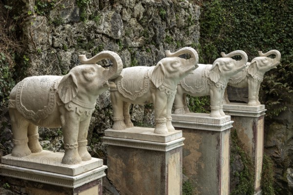 Indian elephant statues at the Indian Villa, Palazzina Indiana, Scherrer Park, Parco Scherrer,