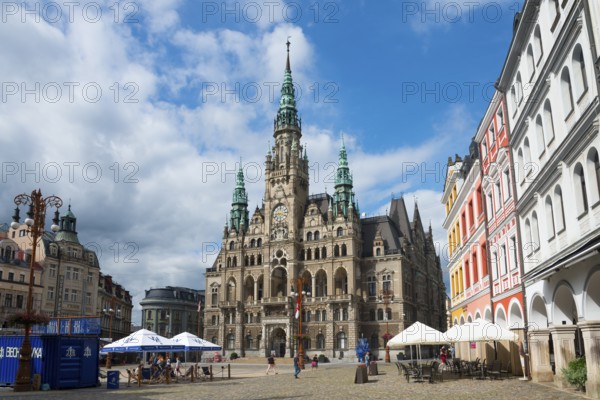Historic town hall in Gothic style on a lively square with colourful buildings, Town hall, Liberec,