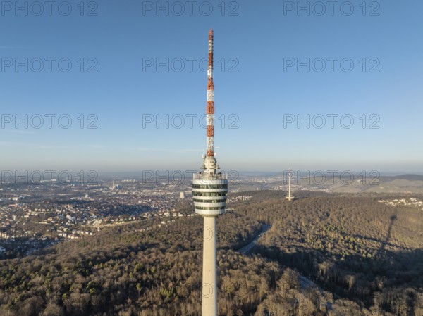 Aerial view of the 216.6 metre high Stuttgart television tower, observation tower, restaurant,