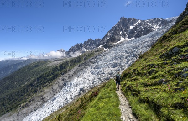 Hiking on the trail to La Jonction, Glacier des Bossons, behind the summit of the Aiguille du Midi,