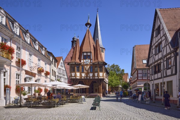 Historic town hall on the market square under a cloudless blue sky in Michelstadt, Odenwald,