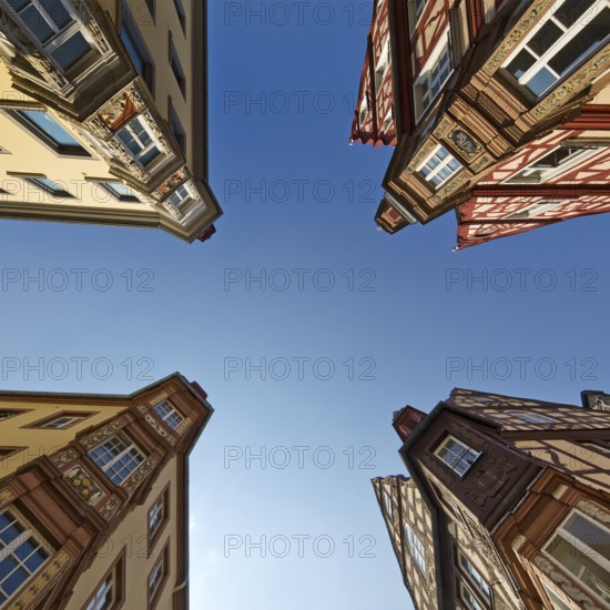 Four towers, ensemble of four historic buildings, view from bottom to top, Old Town, Koblenz,