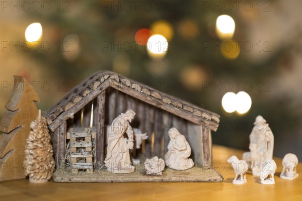 Stable with the Holy Family, shepherd and sheep come to the cot, nativity scene scene, Christmas