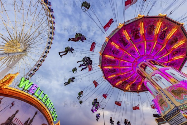 Chain carousel and Ferris wheel in the evening. 177th Cannstatter Volksfest at the Cannstatter