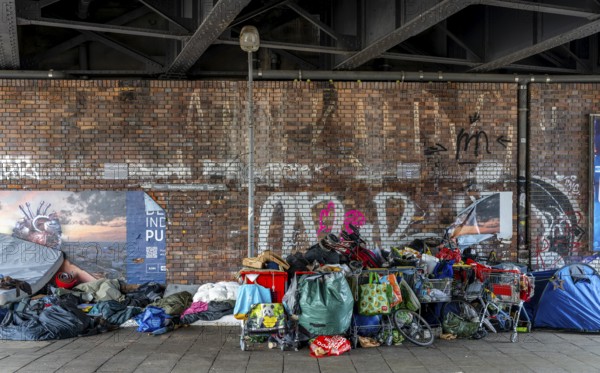 Waste and rubbish collection point, homeless people under the Jannowitzbrücke, Berlin, Germany,