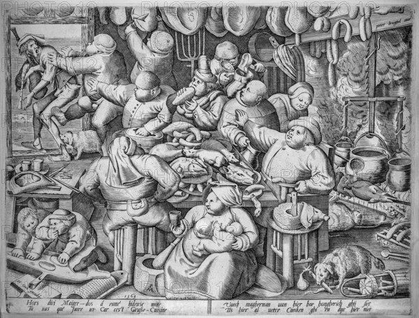 The Fat Kitchen, 1563 engraving by Pieter van der Heyden after Pieter Bruegel the Elder, Dutch and