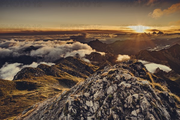 Sunrise hike on the Hochplatte in the Ammergau Alps, Ammergebirge in the Allgäu, Bavaria, Germany,