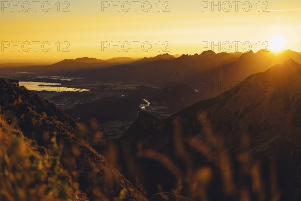 View from the Aggenstein and the foothills of the Alps in Ostallgäu and the Ammergebirge at