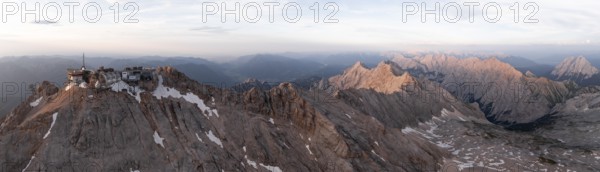 Alpine panorama, aerial view, Zugspitze and Zugspitze railway, high mountains, Bavaria, Germany,