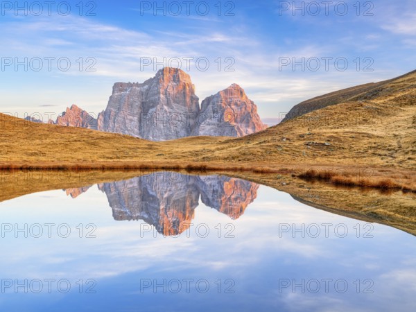 Laghetto di Baste, Belluno, Pelmo Massif, sunset, Mondeval Plateau, Passo di Giau, Dolomites,