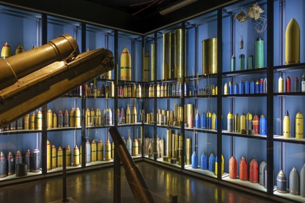 British and German WW1 colour coded artillery shells at WWI Passchendaele Museum about the Third