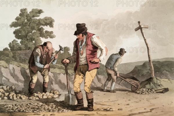 Scene from everyday life in England around 1810, stone crusher on the street, historical, digitally