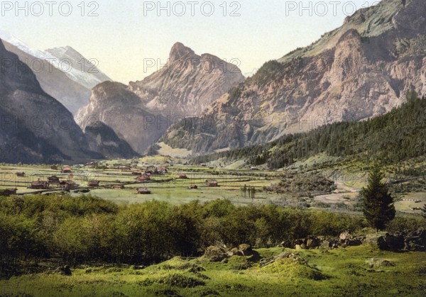Kandersteg village, Bernese Oberland, Switzerland, Historic, digitally restored reproduction from a