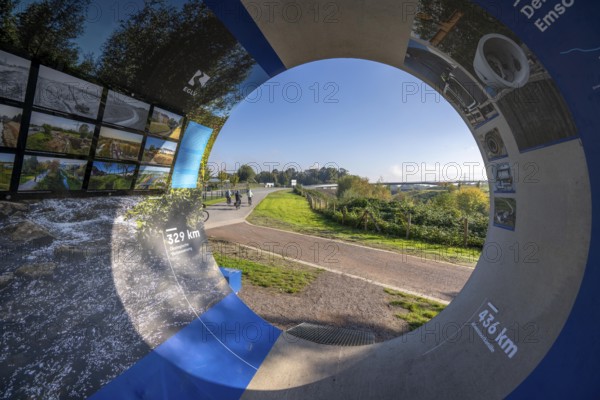 Original sewer pipe element of the Emscher sewer as an information stand in Emscherland, a new