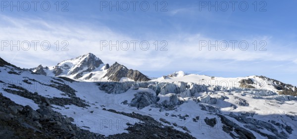 High alpine mountain landscape, summit of the Aiguille de Chardonnet and Glacier du Tour, glaciers