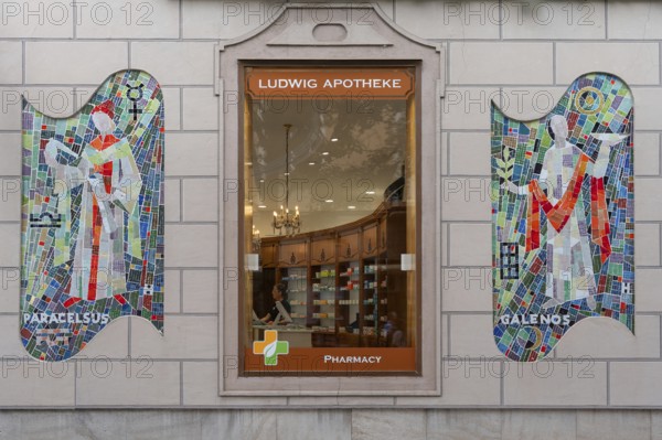 Modern mosaic pictures of Paracelsus and Galenos, on the facade of a pharmacy, Bad Kissingen, Lower