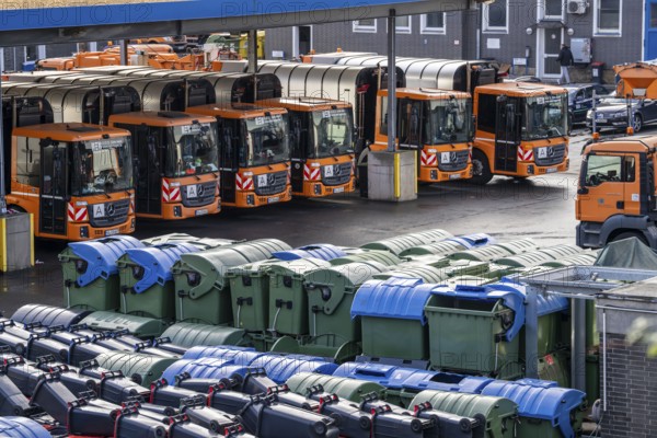 Hagener Entsorgunsbetriebe depot, refuse lorry, various refuse bins, containers, North
