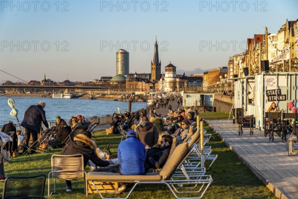 Rhine promenade, city beach, Rhine meadows, banks of the Rhine in the historic city centre of