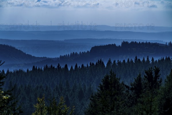 View from Kahlen Asten mountain, to the east, forest landscape in Hochsauerlandkreis, Hochheide,