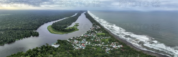 Aerial view, beach and sea, coast with rainforest, Tortuguero National Park, Costa Rica, Central