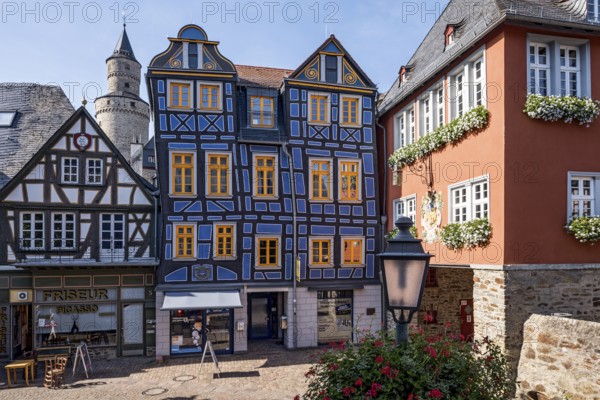 The leaning house, half-timbered house, colourfully painted, witches' tower, town hall, King Adolf