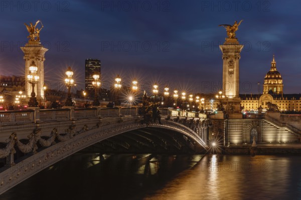 Pont Alexandre III, with Invalides Cathedral, Seine, Invalides, Paris, Ile de France, France,
