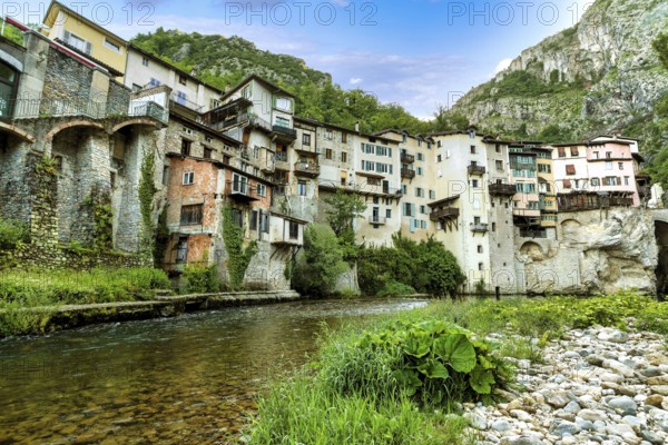 Pont en Royans. Houses hanging above river La Bourne. Isère. Auvergne-Rhone-Alpes. Vercors regional