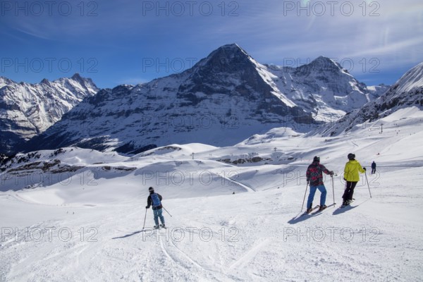 25 March 2024: Skiing against the backdrop of the north face of the Eiger in Grindelwald,