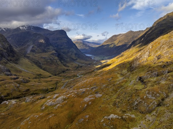 Cloudy mood, morning light, road, valley, mountains, aerial view, autumn, Glencoe, Three Sisters,