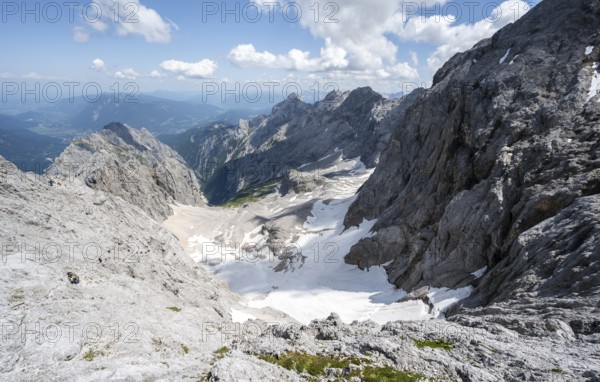 View of mountain basin with snow field of the Höllentalferner and Höllental, Zugspitze via ferrata,