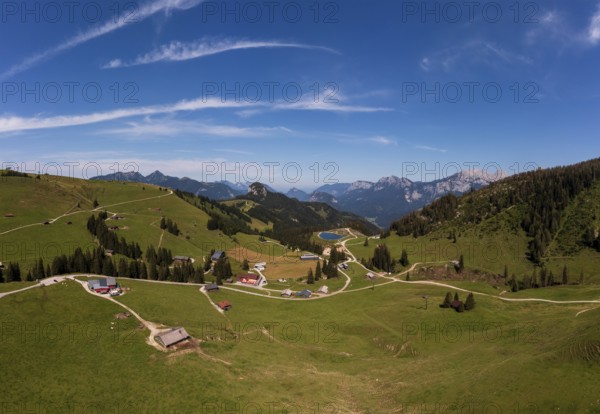 Drone shot, Hochalm, Loferer Alm with view to the Reiteralpe, Lofer, Pinzgau, Land Salzburg,