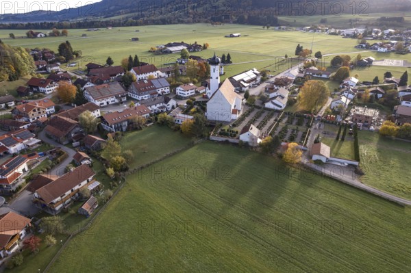 Bayerniederhofen with St Michael's Church seen from the air, Halblech, Allgäu, Bavaria, Germany,