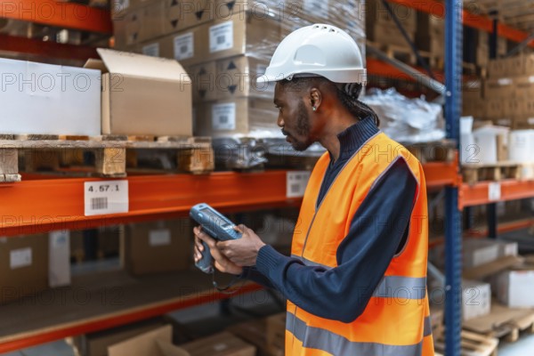 Side view of an african male supervisor in orange reflective waistcoat and helmet scanning barcode