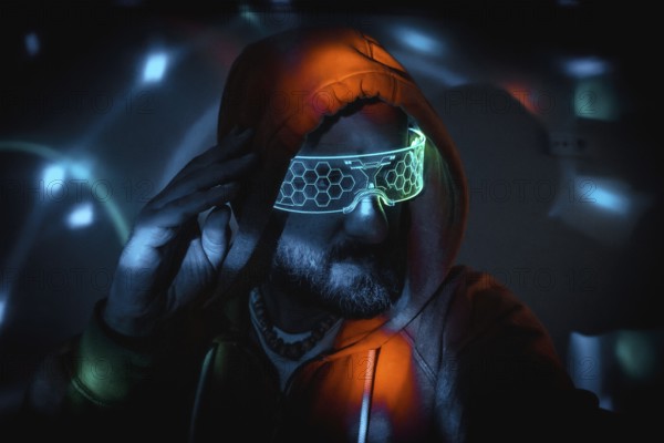 Bearded man wearing futuristic neon glasses and hoodie, touching his head, immersed in a cyberpunk,