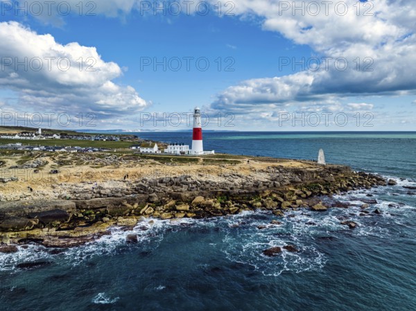 Portland Bill Lighthouse from a drone, Portland Bill, Isle of Portland, Dorset, England, United