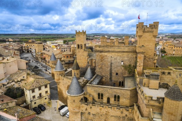 Aerial view of the medieval royal palace of olite with its impressive towers and walls, dominating