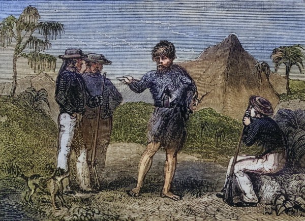 Selkirk and the British sailors. Alexander Selkirk, 1676-1721, Scottish sailor and castaway,