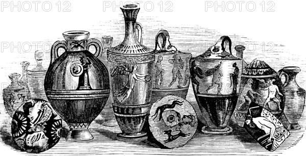 Greek vases and pottery, from archaeological excavations between Piraeus and Athens, street of