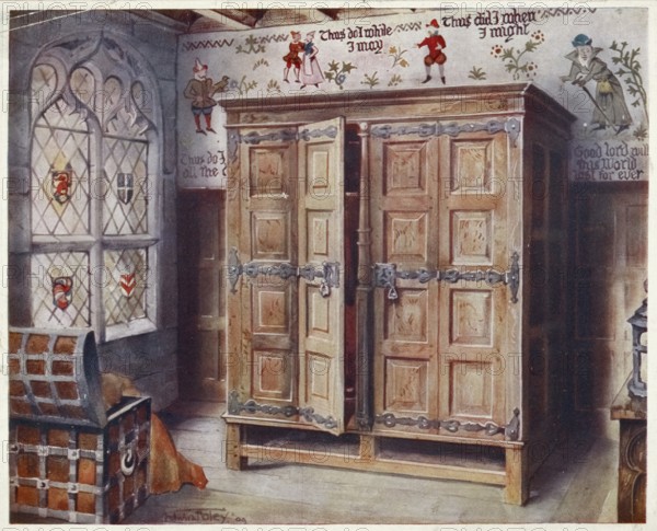 Furniture from around the turn of the century 1900, Oak press, Strangers' Hall, Norwich. Wall
