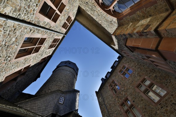 Old Castle, also known as Landgraves' Castle, view from the inner courtyard to the sky, Giessen,