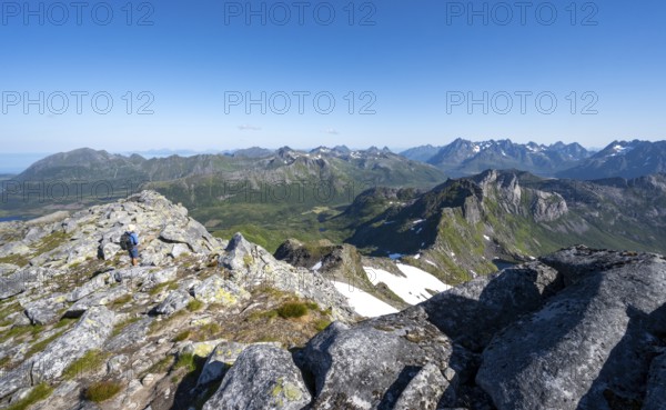 View of mountain landscape, mountain panorama, mountaineer at the summit of Rundfjellet, lake