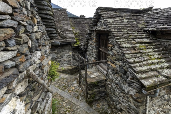 Typical Ticino stone houses in the mountain village of Bordei, Centovalli, Canton Ticino,