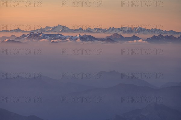 Morning haze and fog over mountain ranges, morning light, summer, Ammergebirge, Tyrolean Alps